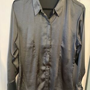 Express Satin Button-Up Blouse in Charcoal Gray